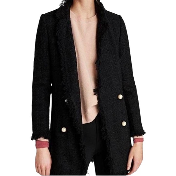 Zara Tweed Textured Boucle Pearl Button Blazer Jacket Black Size XS - Picture 1 of 15